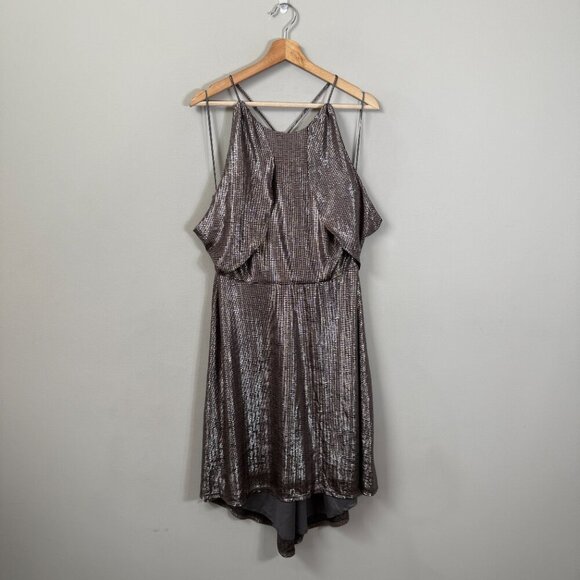 Halston Metallic Fit & Flare Midi Dress Women's 8 Gunmetal Silver Cocktail Party - Picture 2 of 14